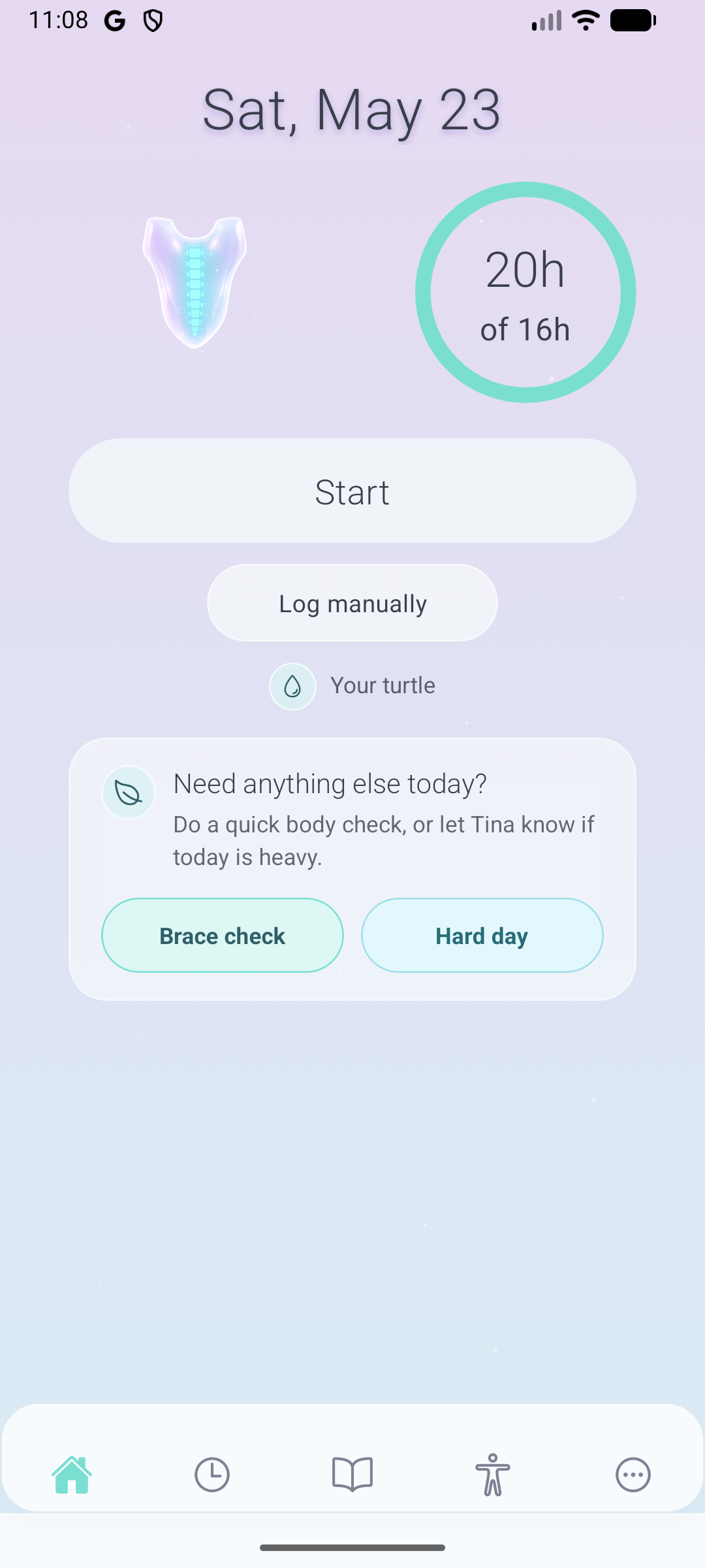 Tina home screen with brace timer, daily progress, and support actions