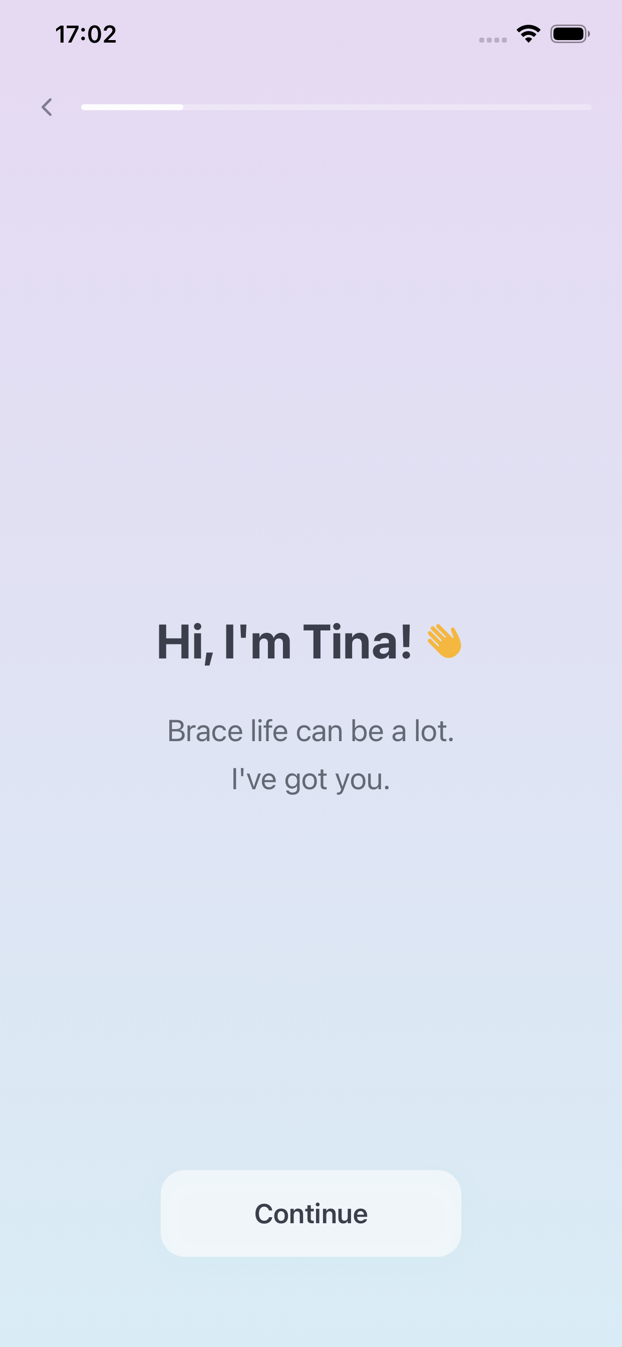 Tina onboarding welcome screen