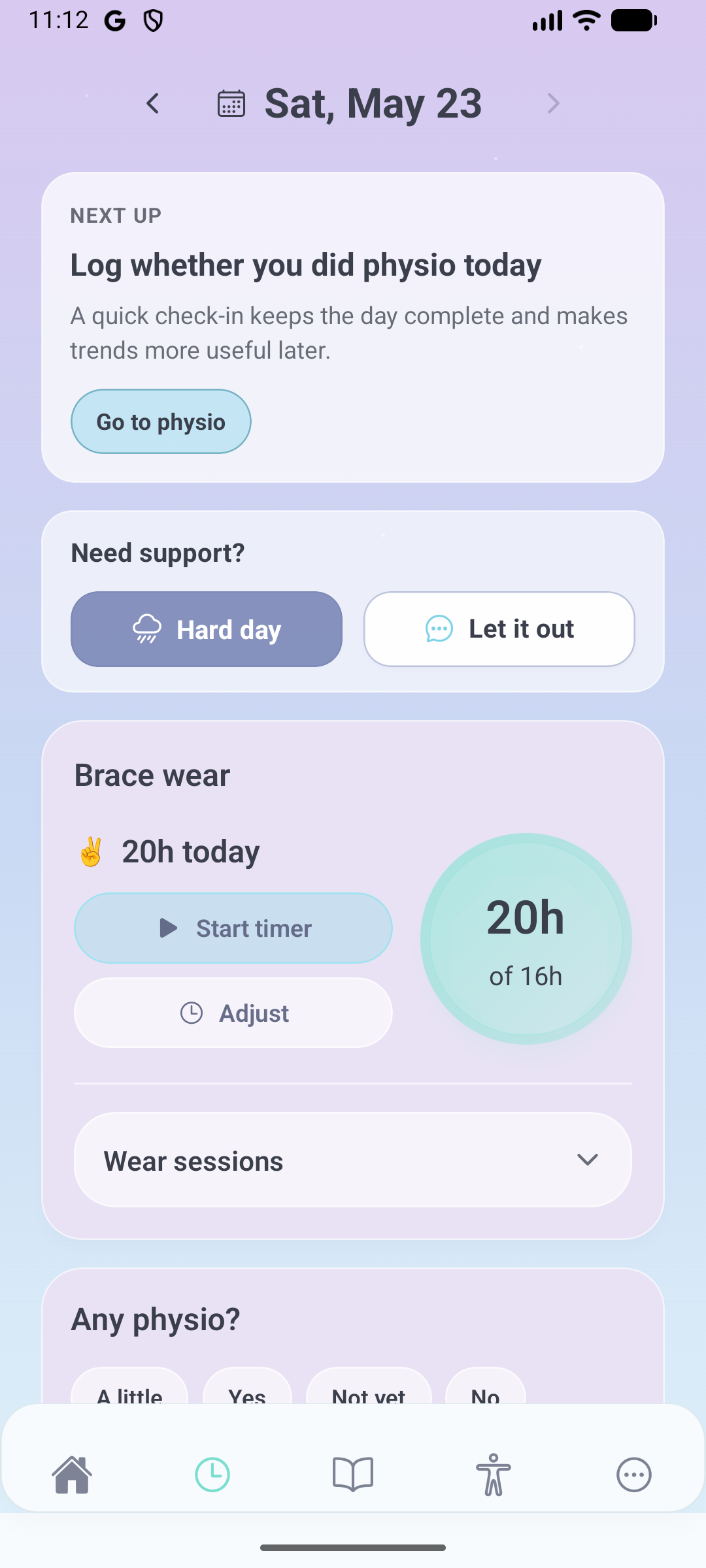 Tina log screen with brace wear, support, and physio check-in sections