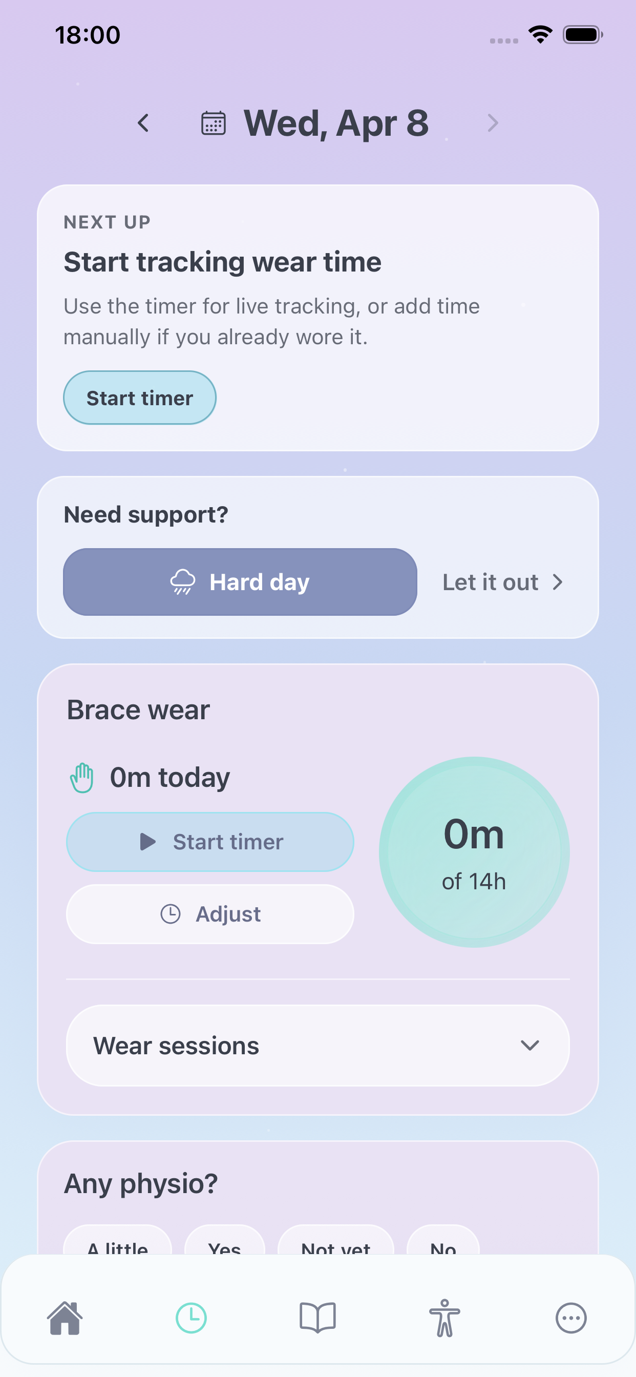 Tina home screen with brace wear tracking and support actions