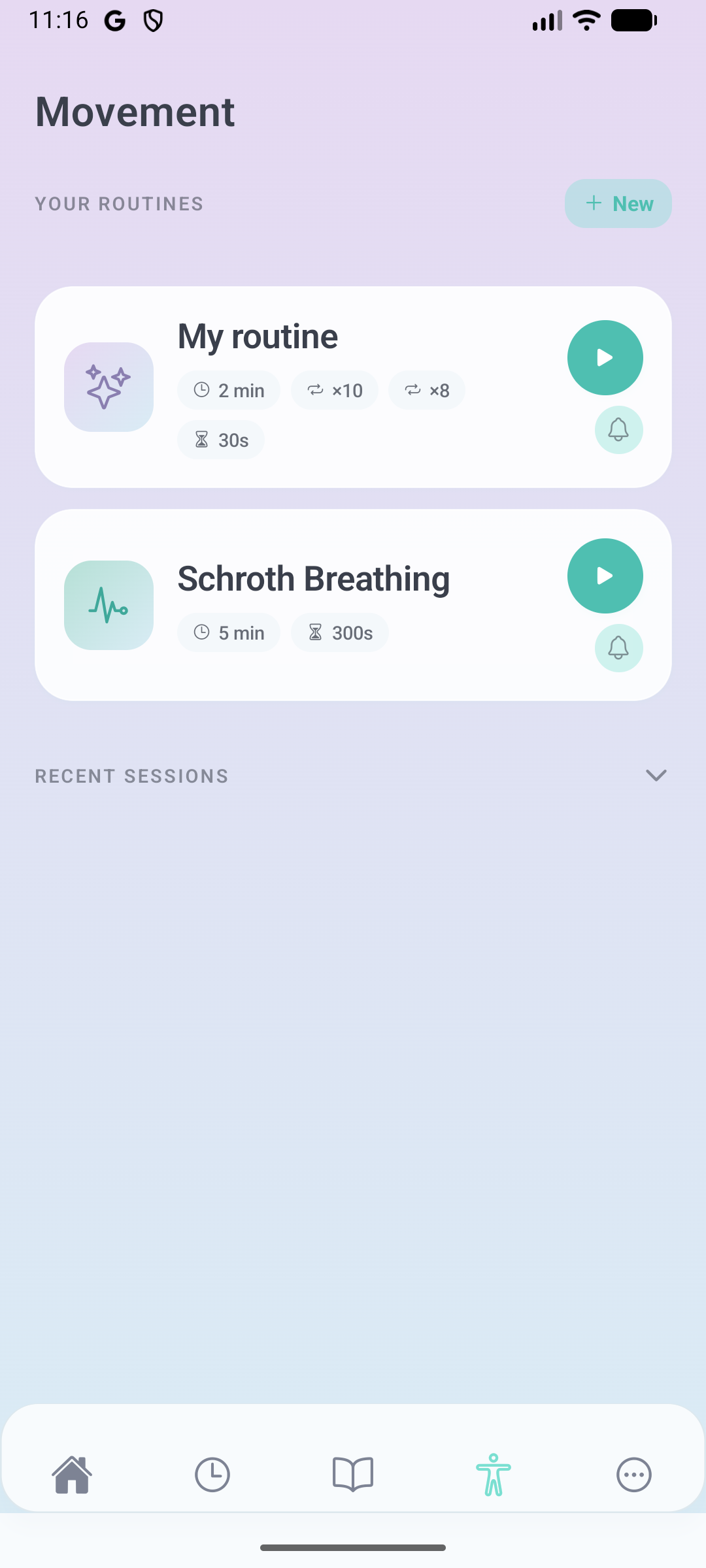 Tina physio screen with movement routines and reminder controls
